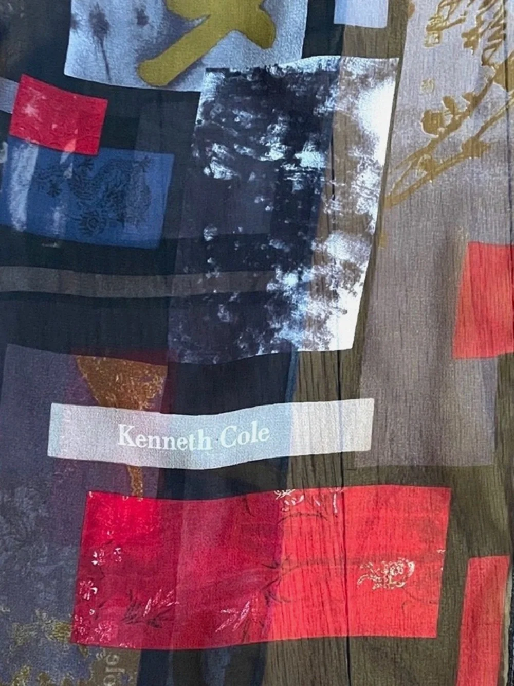 Kenneth Cole 100% Silk Oblong Scarf Abstract Geometric Sheer Red Blue Gold Wrap
